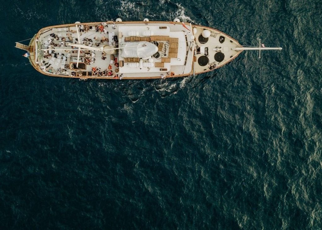 Aerial view of the yacht Polaris sailing on the deep blue Adriatic near Split