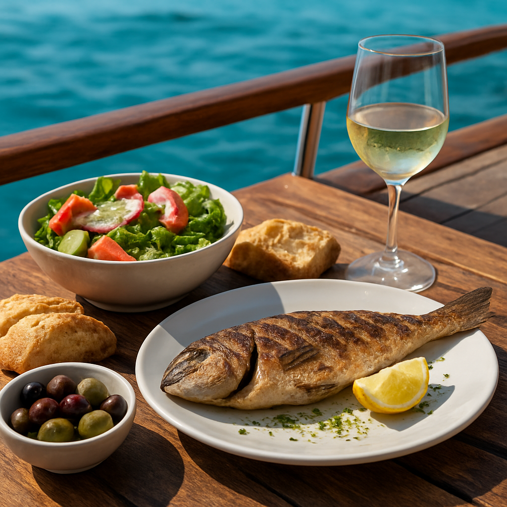 Fresh Mediterranean lunch served on the deck of the old-fashioned yacht Polaris with the sea in the background